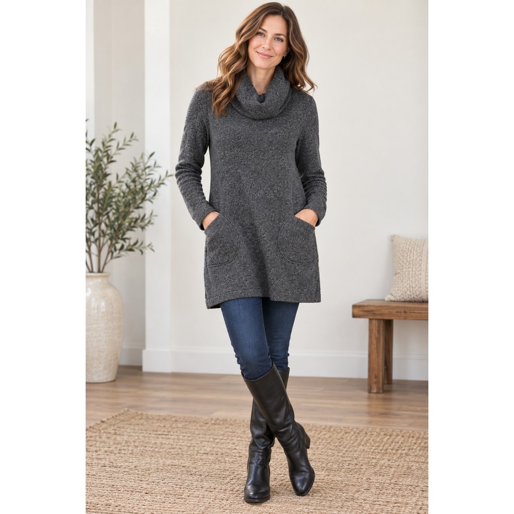 J Jill Womens S Gray Cowl Neck Tunic Sweater Textured Knit Long Cotton Blend